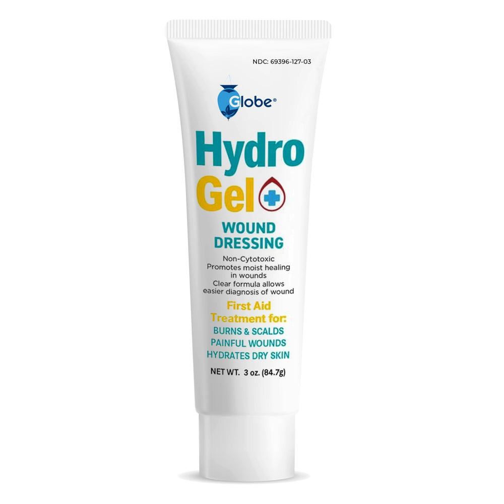 Globe hydrogel dressing 3oz tube for portable wound care and protective moisture.