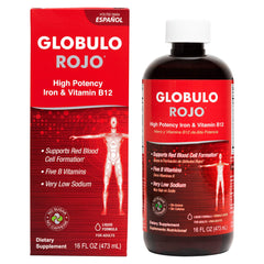 Globulo Rojo iron liquid bottle highlights high-potency iron for energy support.