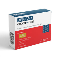 GlocalCare Depigma bottle close-up showing daily skin support benefits.