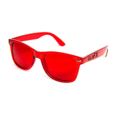 GloFX red color therapy glasses side view for on-the-go motivation.