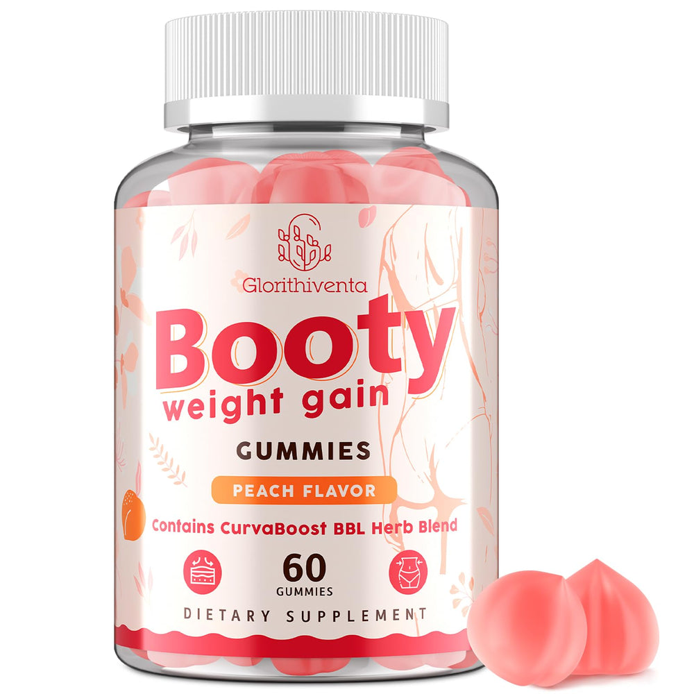 Glorithiventa Booty Gummies peach bottle showcases convenient daily energy support