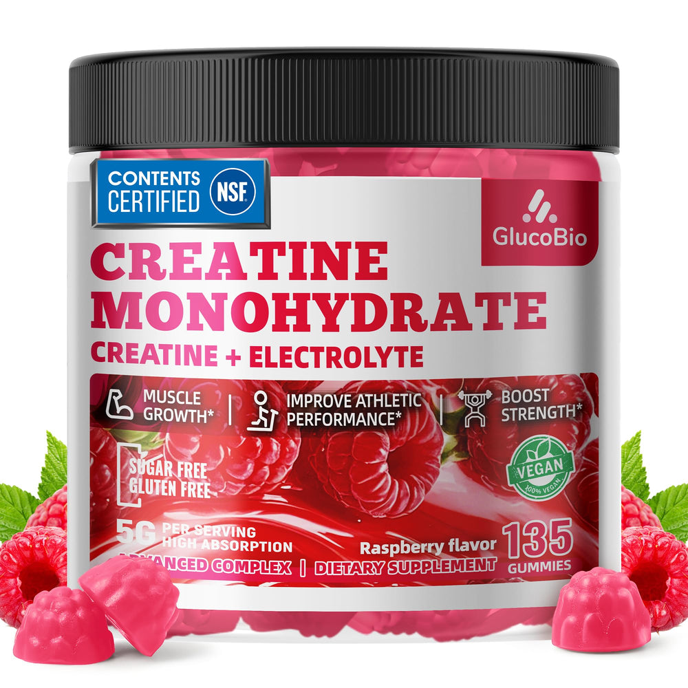 GlucoBio creatine gummies bottle shows 135-count supply for convenient workouts.