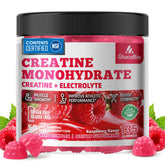GlucoBio creatine gummies bottle shows 135-count supply for convenient workouts.