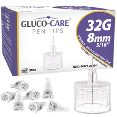 GLUCO-CARE pen tips 32G-8mm packaged box provide sterile replacements