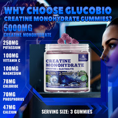 GlucoBio creatine monohydrate gummies bottle back label with serving details.