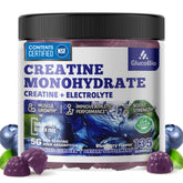 GlucoBio creatine monohydrate gummies bottle front, vegan and sugar-free, for convenient workouts.