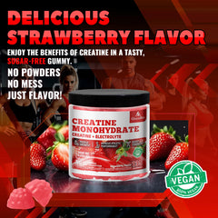 GlucoBio Creatine Monohydrate Gummies strawberry flavor on a counter.