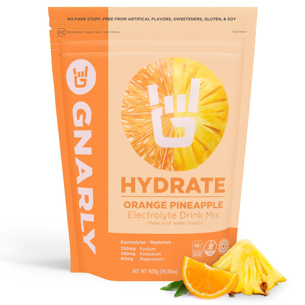 Gnarly Hydrate Orange Pineapple powder ready to mix for on-the-go hydration