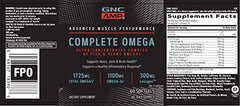 Nutrition facts panel of GNC AMP Complete Omega bottle highlights total omegas.