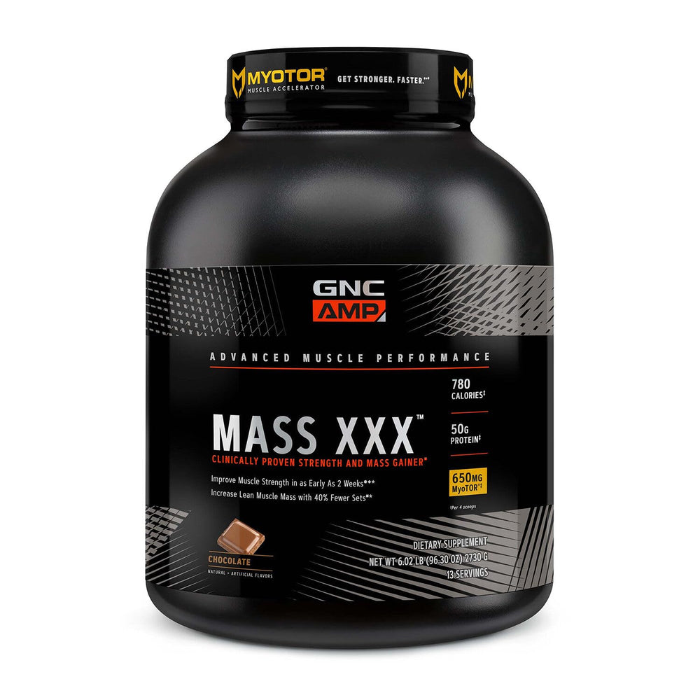GNC AMP Mass XXX bottle pour shows easy dosing for daily nutrition.