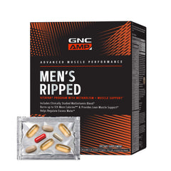 GNC AMP Men's Ripped Vitapak bottle front promotes energy support and lean appearance
