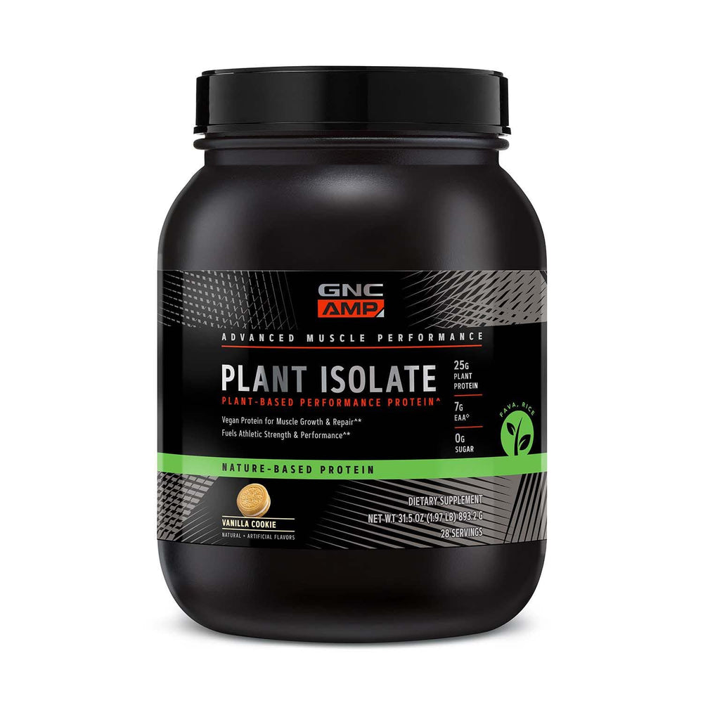 GNC AMP Plant Isolate Protein Vanilla Cookie bottle highlights plant-based protein for post-workout fueling.