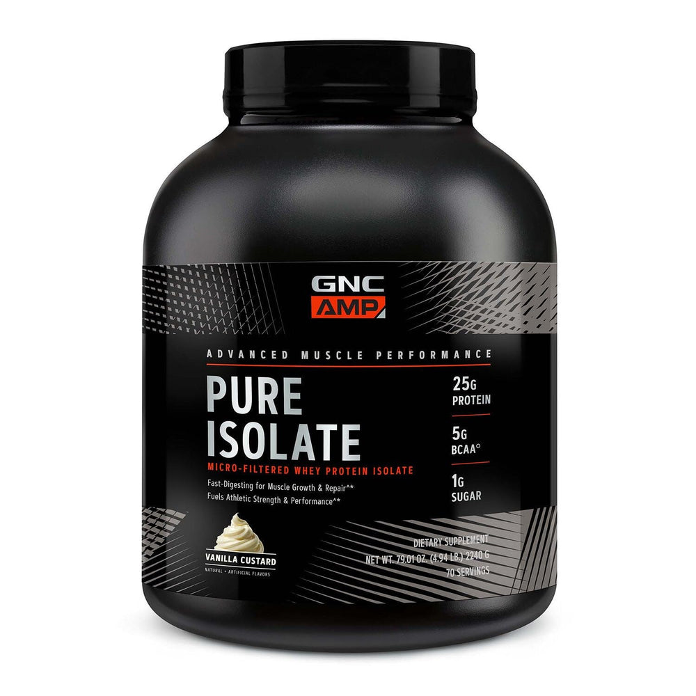 GNC AMP Pure Isolate Vanilla Custard tub for post-workout fueling