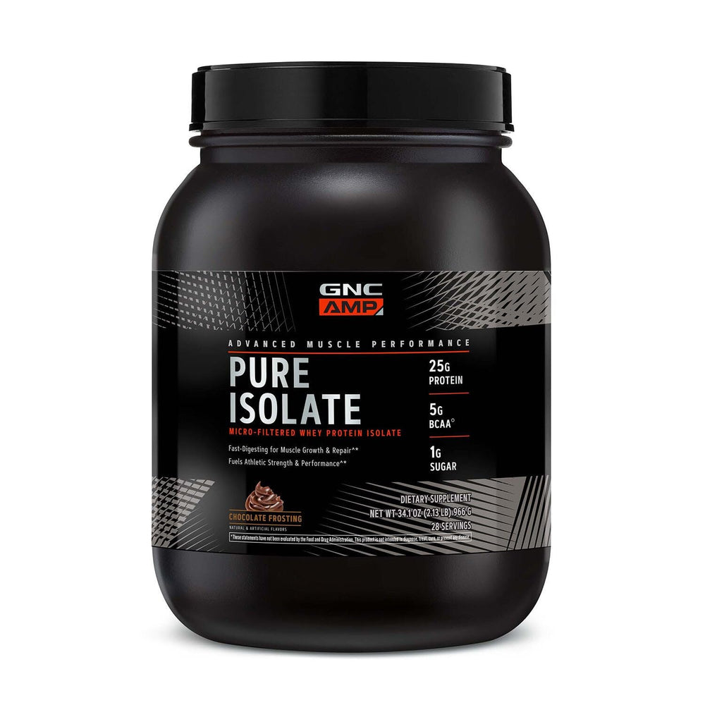 GNC AMP Pure Isolate bottle showcases chocolate frosting flavor for quick recovery