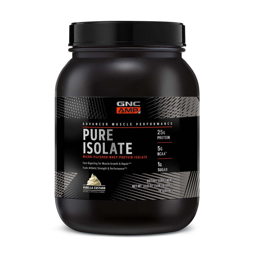 GNC AMP Pure Isolate Vanilla Custard bottle showing clean protein source for post-workout recovery