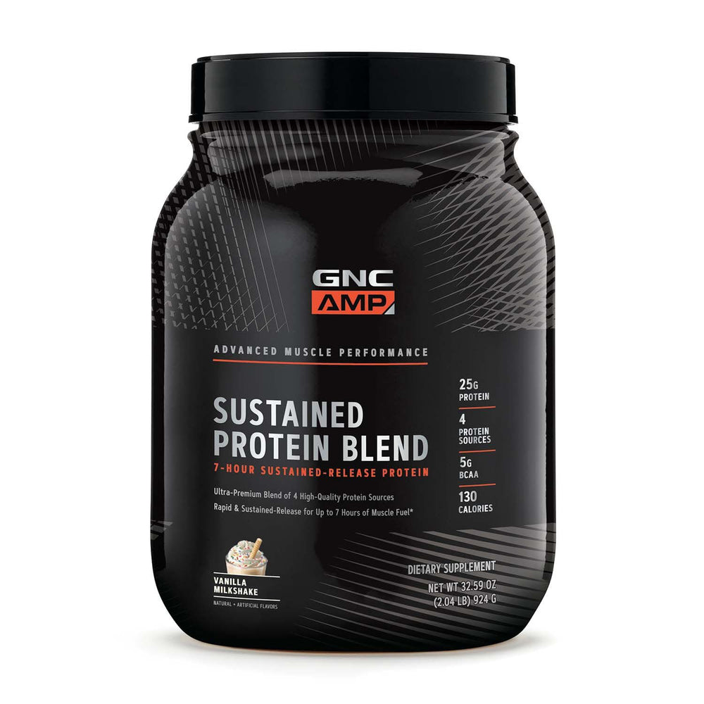 GNC AMP Sustained Cinnamon Toast bottle shows long-lasting protein release for steady energy