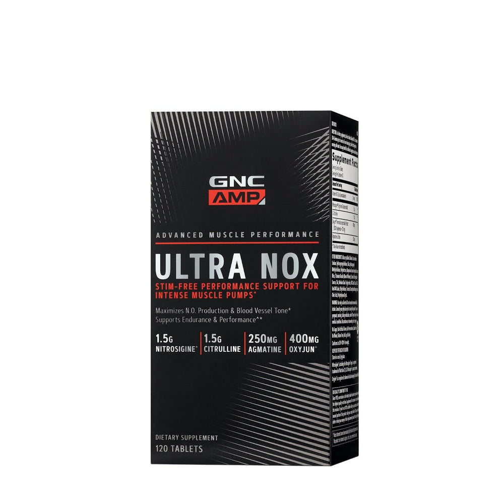 GNC AMP Ultra Nox bottle front view highlighting stimulant-free endurance support
