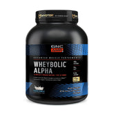 GNC AMP Wheybolic Alpha vanilla bottle highlighting strength and recovery support.