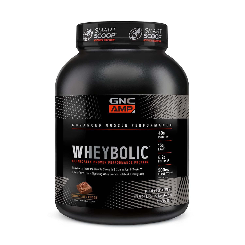 GNC AMP Wheybolic bottle front shows branding for strength-building protein