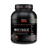 GNC AMP Wheybolic bottle front shows branding for strength-building protein