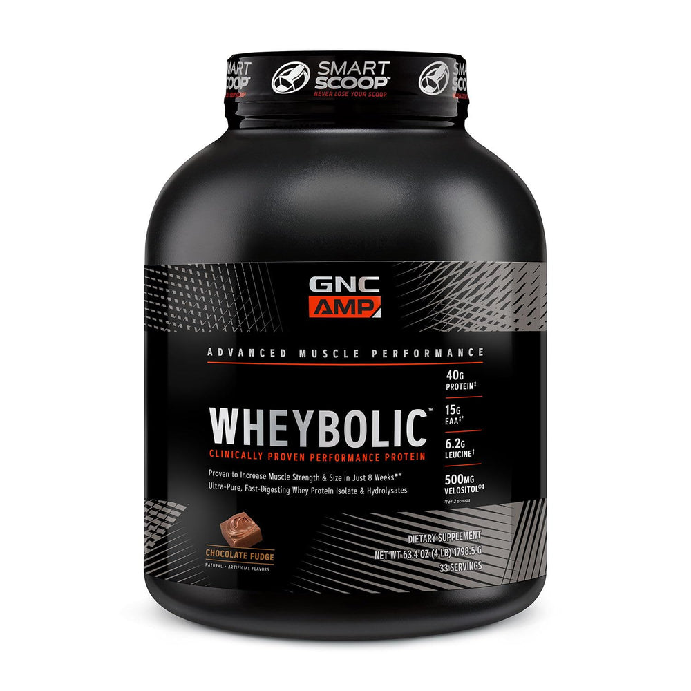 GNC AMP Wheybolic chocolate fudge tub on counter highlighting post-workout protein