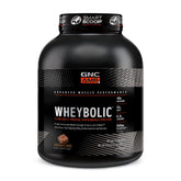 GNC AMP Wheybolic chocolate fudge tub on counter highlighting post-workout protein