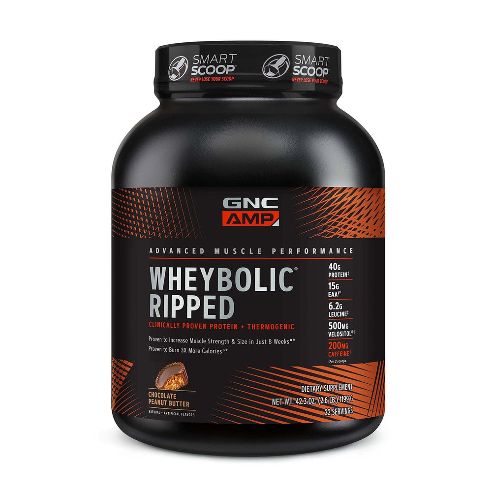 GNC AMP Wheybolic Ripped chocolate peanut butter tub promoting muscle support and recovery