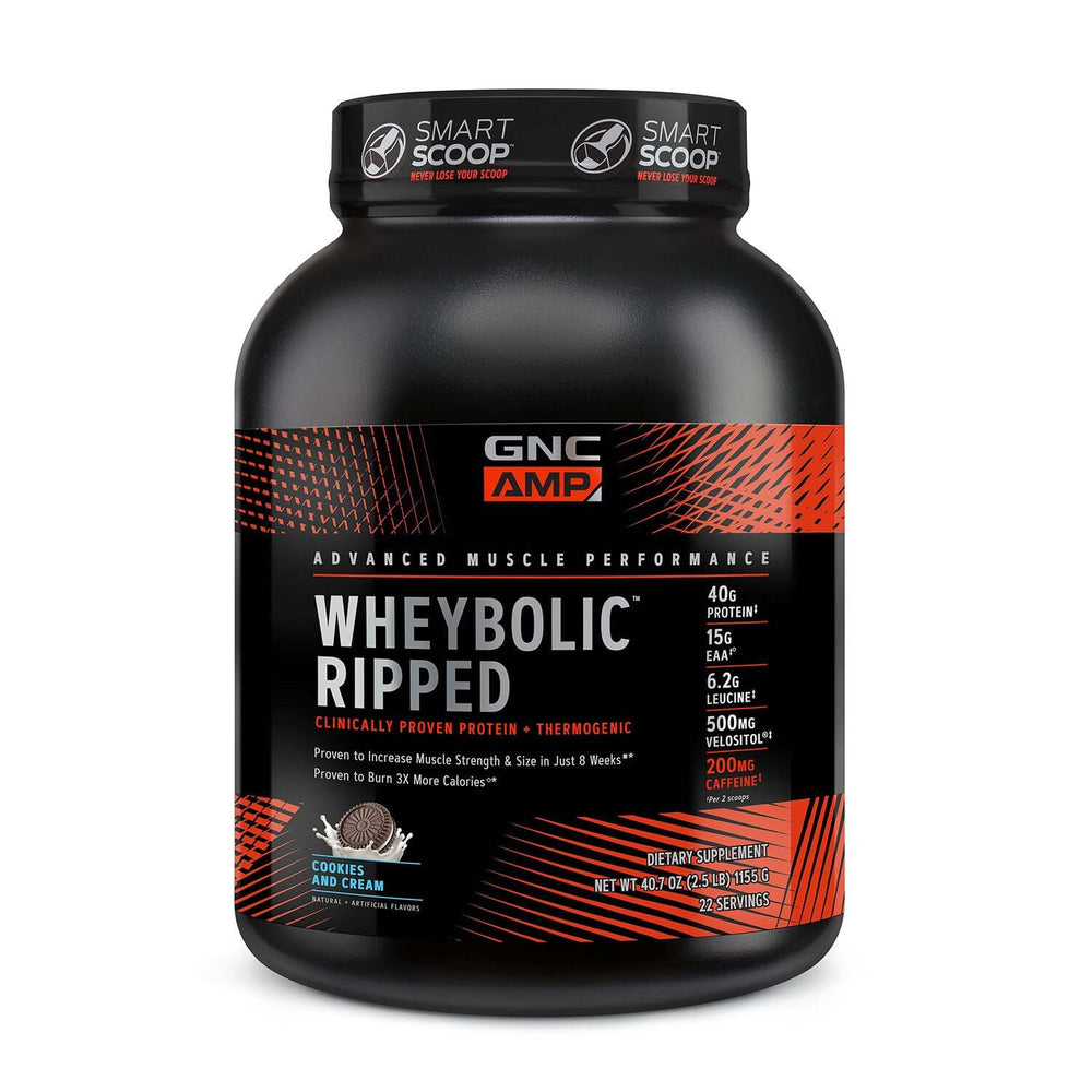 GNC AMP Wheybolic Ripped Cookies and Cream tub with post-workout protein support