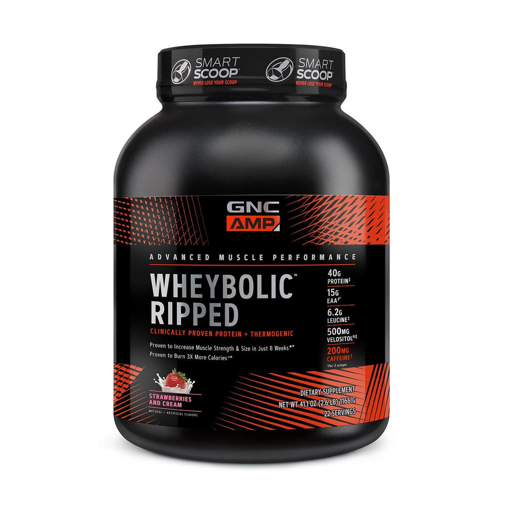 GNC AMP Wheybolic Ripped bottle shows strawberry cream flavor for post-workout support