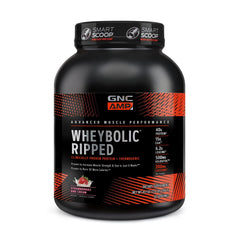 GNC AMP Wheybolic Ripped bottle shows strawberry cream flavor for post-workout support