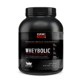 GNC AMP Wheybolic Vanilla bottle close-up promoting muscle support and recovery