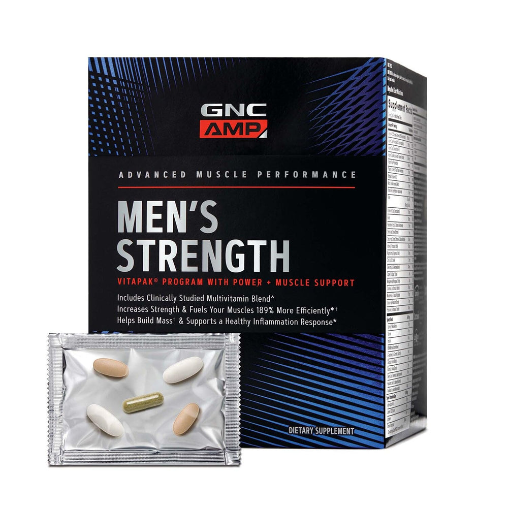 GNC AMP Men’s Strength Vitapak pack shown for streamlined training support