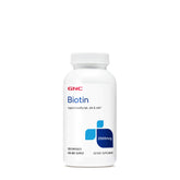 GNC Biotin 2500mcg capsules in bottle highlight daily hair, skin, and nails support.