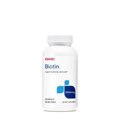 GNC Biotin 2500mcg capsules in bottle highlight daily hair, skin, and nails support.
