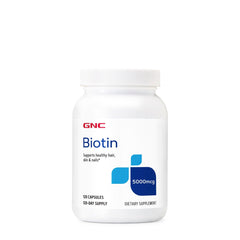 GNC Biotin 5000mcg bottle shown for daily hair, skin, and nails support
