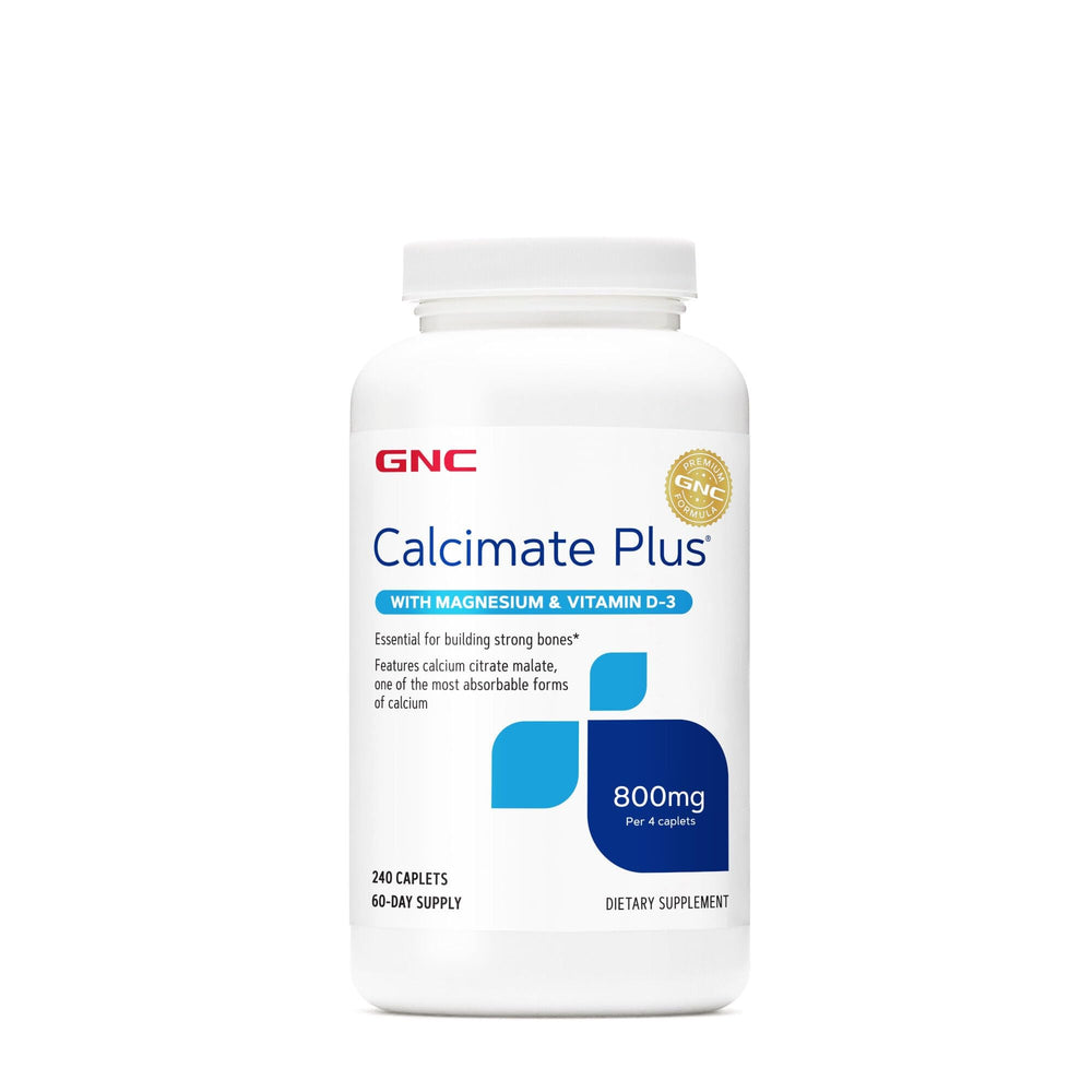 GNC Calcimate Plus bottle front shows calcium-magnesium-D-3 blend for bone support.