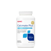GNC Calcimate Plus bottle front shows calcium-magnesium-D-3 blend for bone support.
