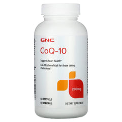 GNC CoQ10 200mg bottle front view, convenient daily supplement for heart health support