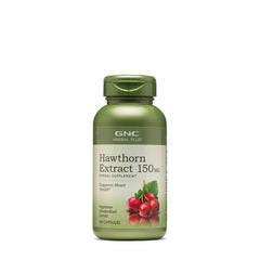 GNC Herbal Plus hawthorn extract bottle showing 150 mg capsules for daily wellness support