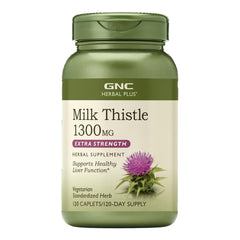GNC Herbal Plus Milk Thistle 1300mg bottle for liver health support.