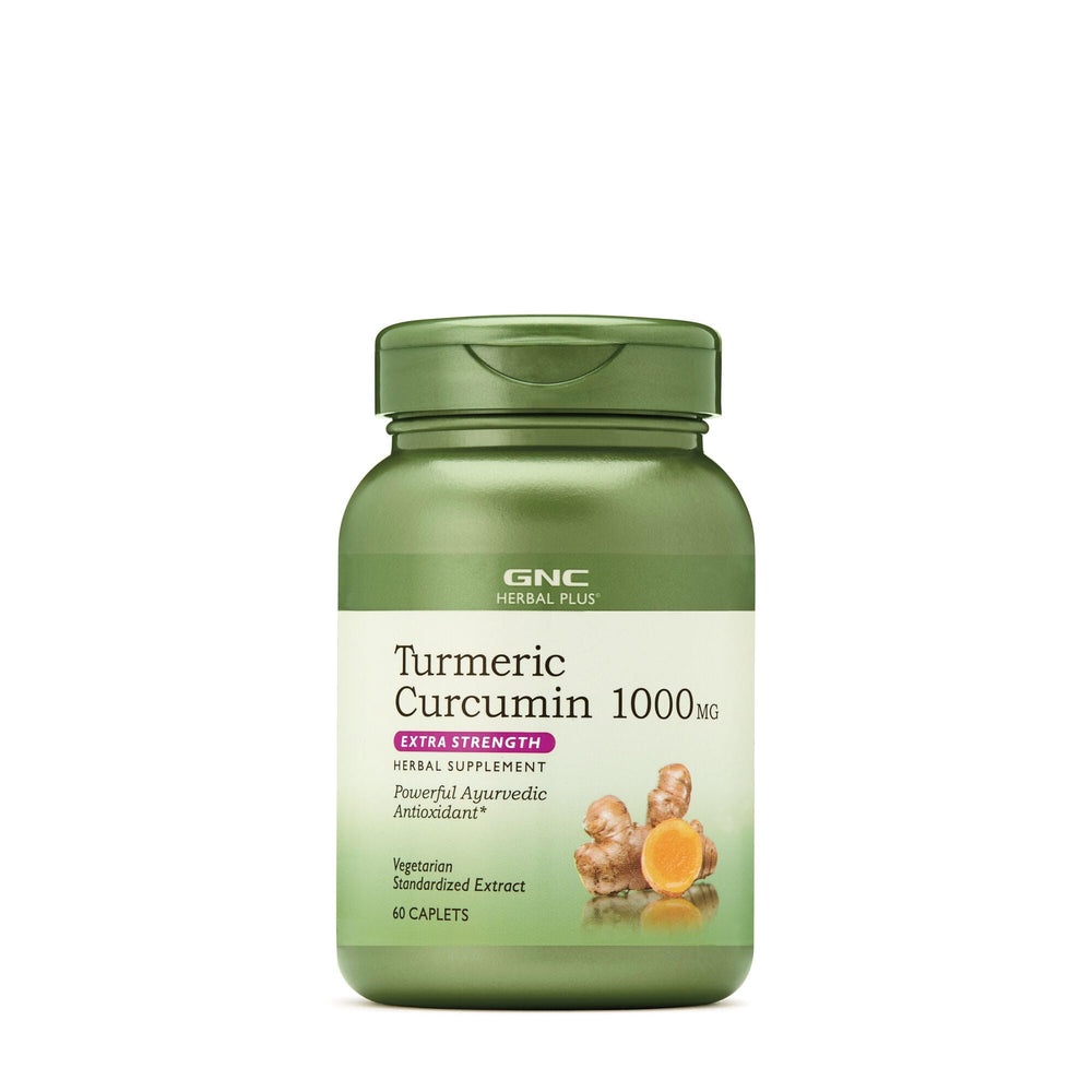 GNC Herbal Plus Turmeric 1000mg bottle front, vegetarian-friendly supplement.