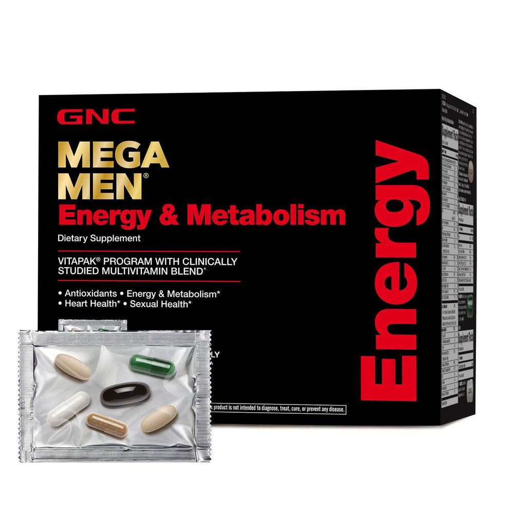 GNC Mega Men Vitapak packet showing all-in-one daily energy and metabolism support.