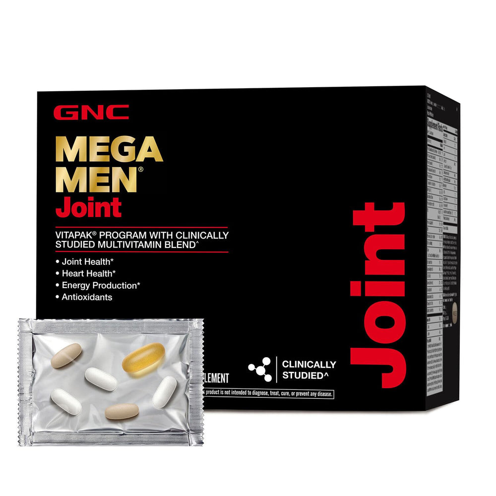 GNC Mega Men Joint Vitapak bottle-front view showing joint support ingredients.