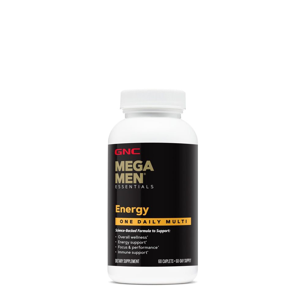 GNC Mega Men multivitamin bottle close-up highlighting daily energy support.