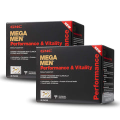 GNC Mega Men Performance Vitality 30 Packs bottle front for daily wellness.