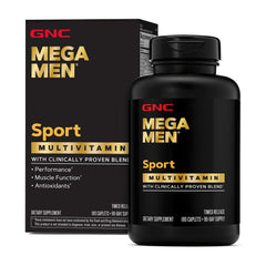GNC Mega Men Sport bottle with cap supports daily energy and immune health.