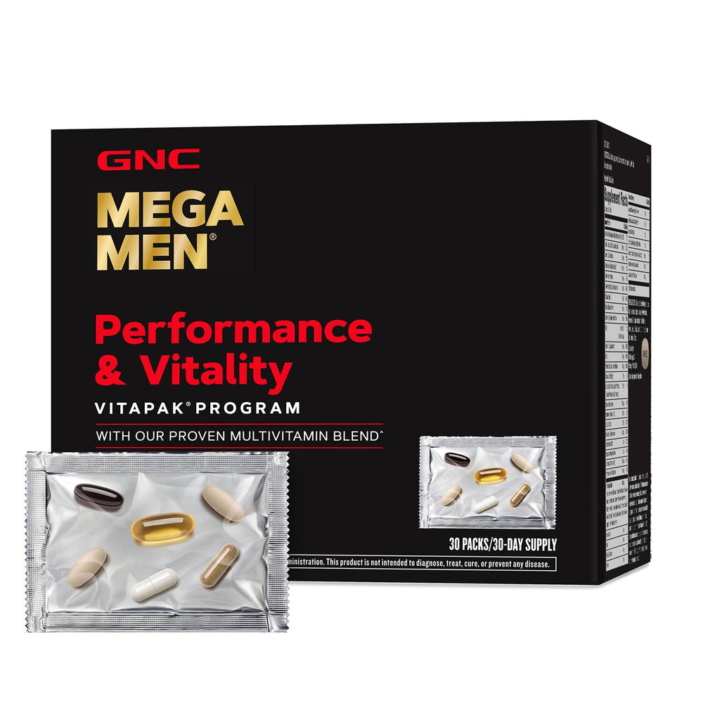 GNC Mega Men Vitapak bottle front view for on-the-go daily nutrition