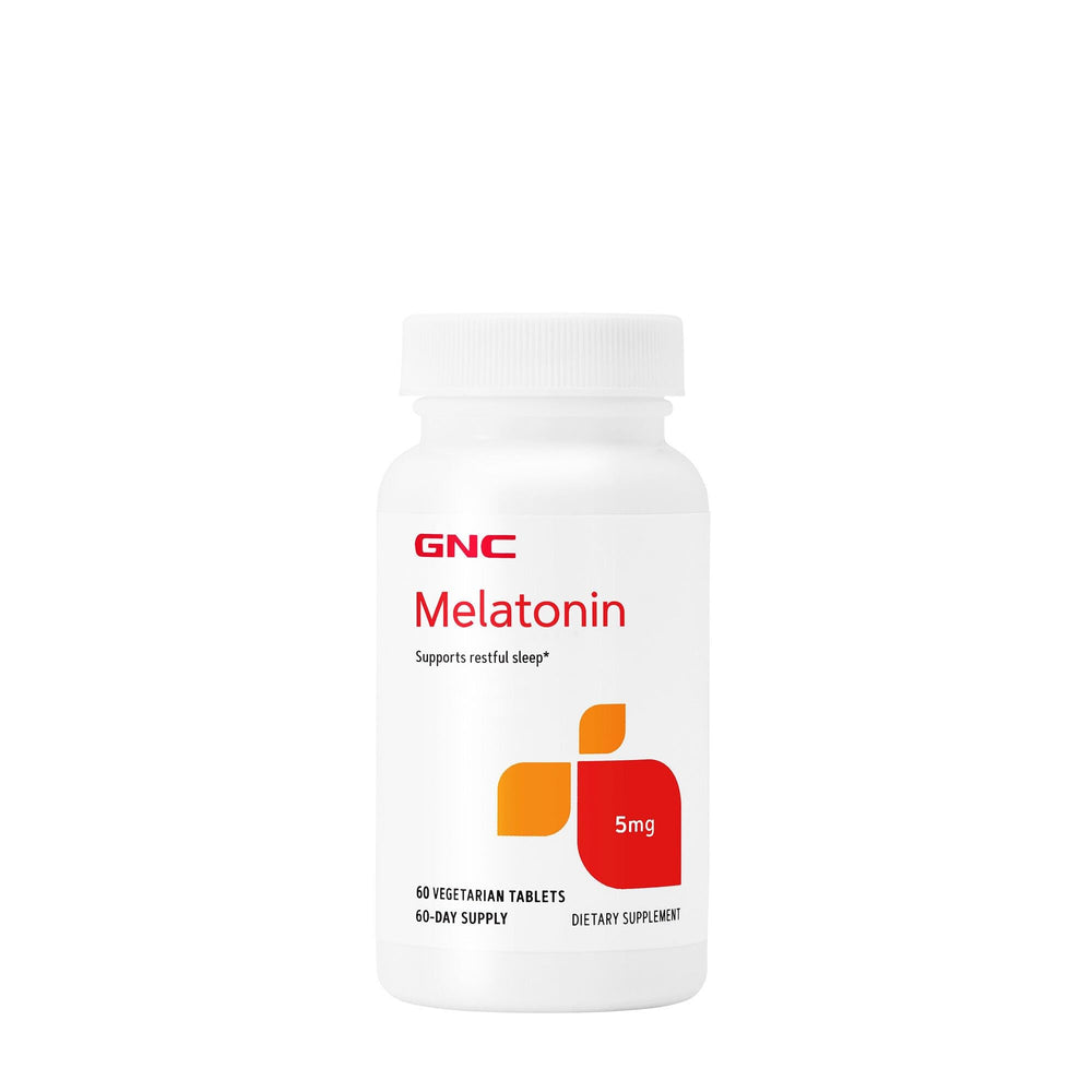 GNC Melatonin 5mg bottle shown, supports restful sleep and a simple nightly routine.