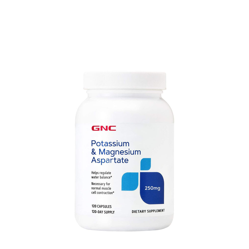 GNC potassium magnesium aspartate bottle, supporting hydration balance.