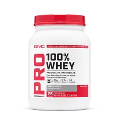 GNC Pro Performance 100% Whey bottle close-up highlighting fast-absorbing protein.